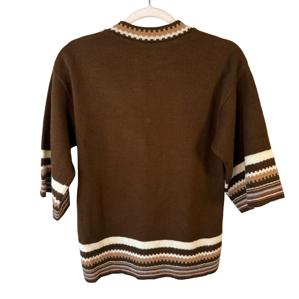 Vintage 70s Boho Brown Striped Sweater Size XS S Retro Unisex Cozy Classic - Picture 2 of 9
